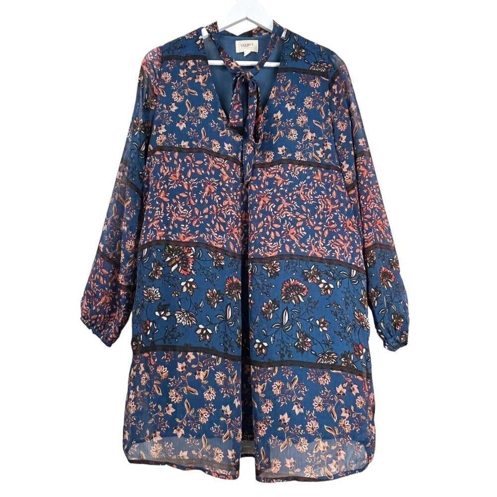 Everly Women's Floral Chiffon Shift Dress Size L Teal Orange L/S‎ Tie V-Neck
